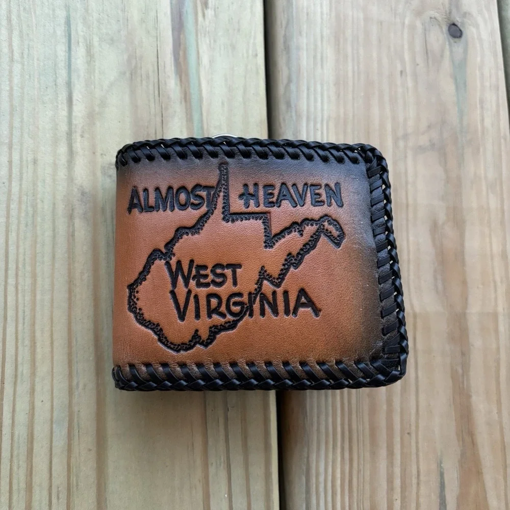 Vintage West Virginia Leather Wallet Bi Fold Whipstitch Hand Tooled Almost Home